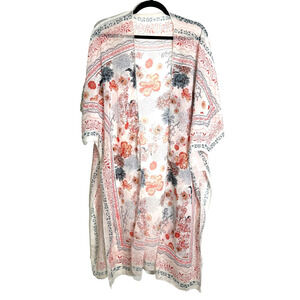 Boutique Kimono Womens Medium Floral Short Sleeve Bohemian Feminine Sheer Flowy